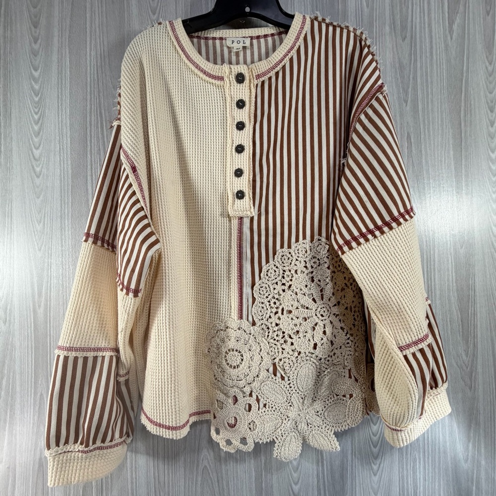 POL Oversized Thermal Woven Patchwork Crochet Kni… - image 2